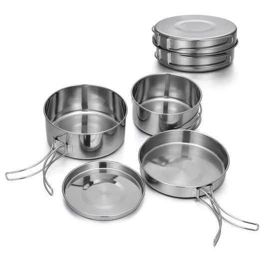 Outdoor Stainless-Steel Camping Cookware Set - Silver