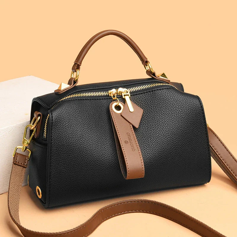 Crossbody Tote Bag Solid PU Leather Shoulder Women (Black)