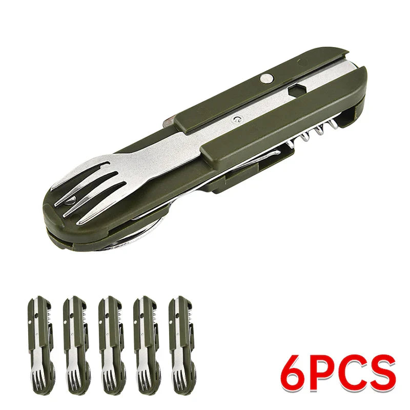 7-in-1 Folding Camping Cutlery Set with Storage Bag Green