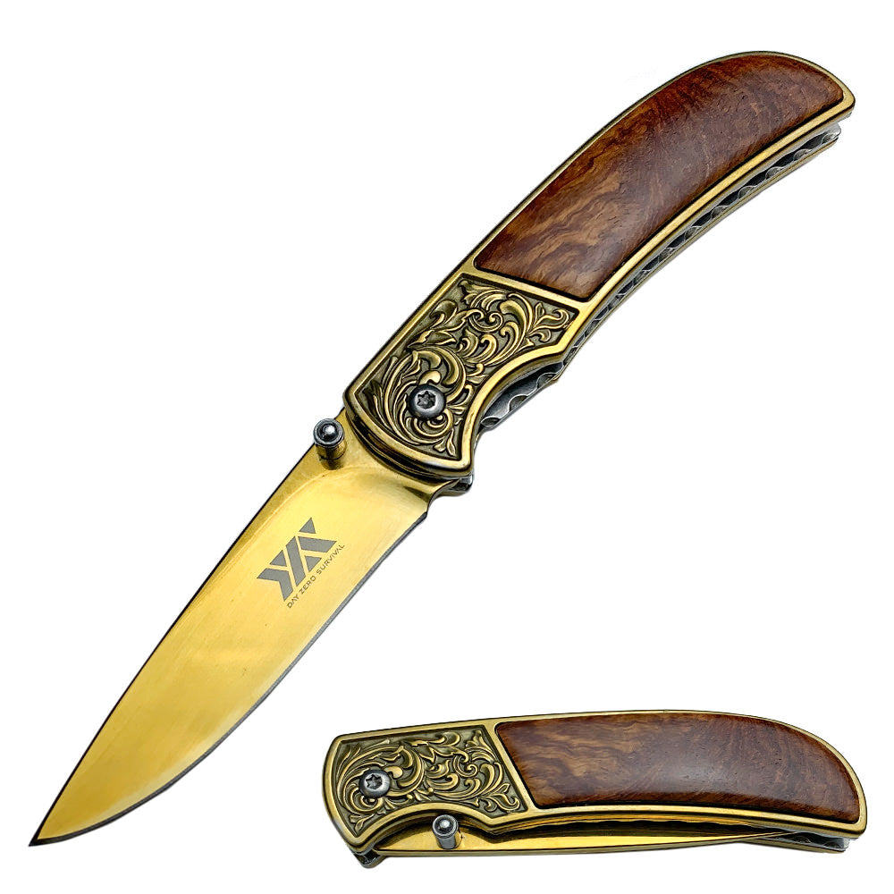 6.5" Gold Spring Assisted Open Folding Blade Pocket Knife Belt Clip