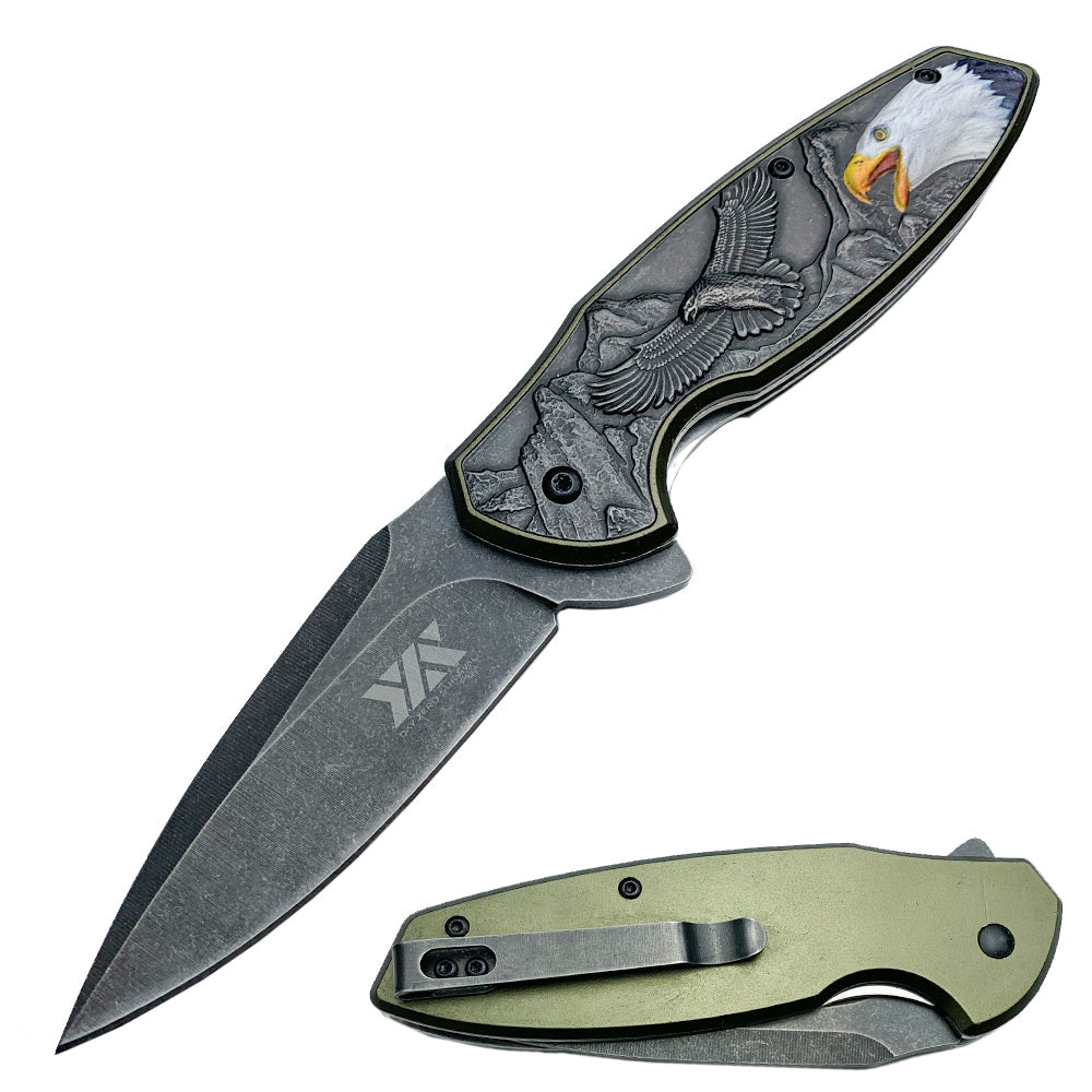 8" American Bald Eagle Spring Assisted Folding Pocket Knife Green