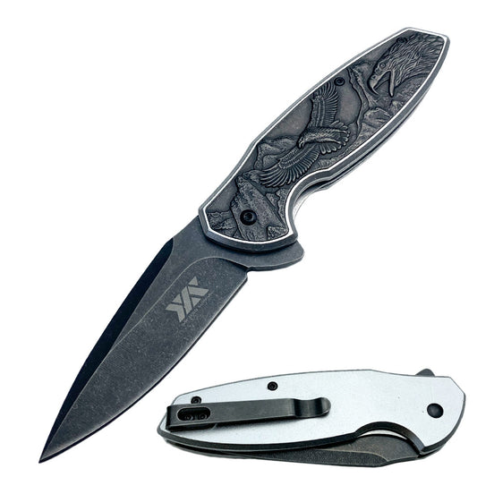 8" American Bald Eagle Spring Assisted Folding Pocket Knife Silver