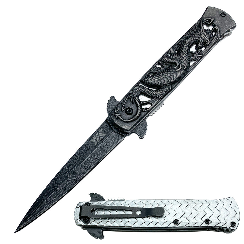 Heavy Duty Fierce Dragon Spring Assist Knife Damascus Pattern Blade - TOPHATTER'S ARMORY DEALS