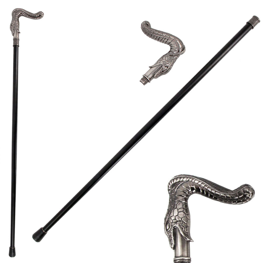 36.5 Inches Silver Burst Snake Head Cane Staff