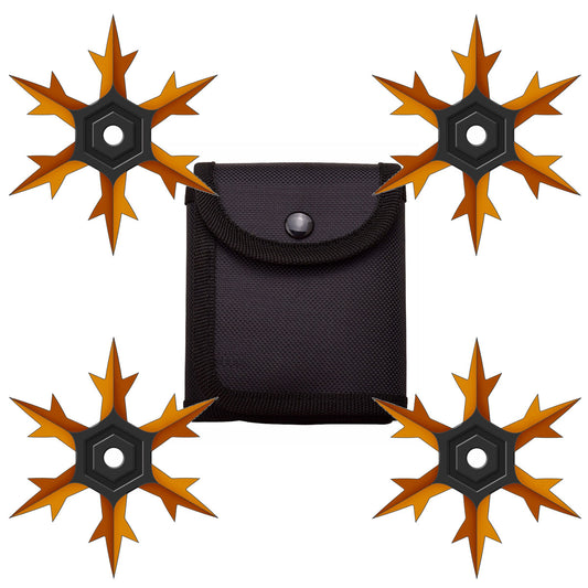 4 Pc Set Orange and Black Finish Six Point Throwing Ninja Stars Snowflake Shurikens
