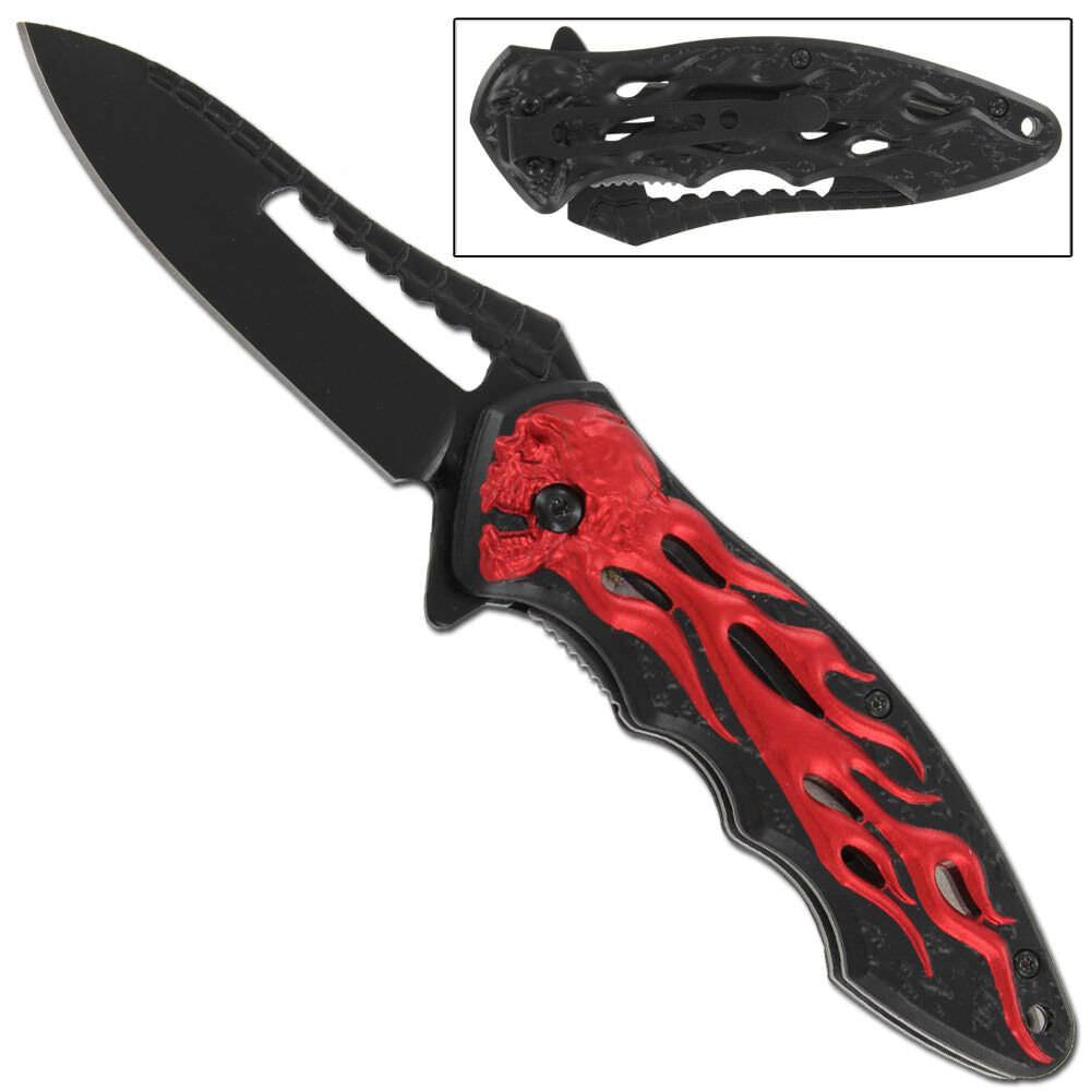 Drop Point Devils Wrath Assisted Red Flaming Skull Pocket Outdoor Knife