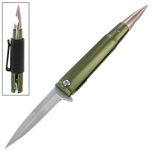 Bottle Opener Rifle Bullet Spring Assisted Folding Pocket Knife Green