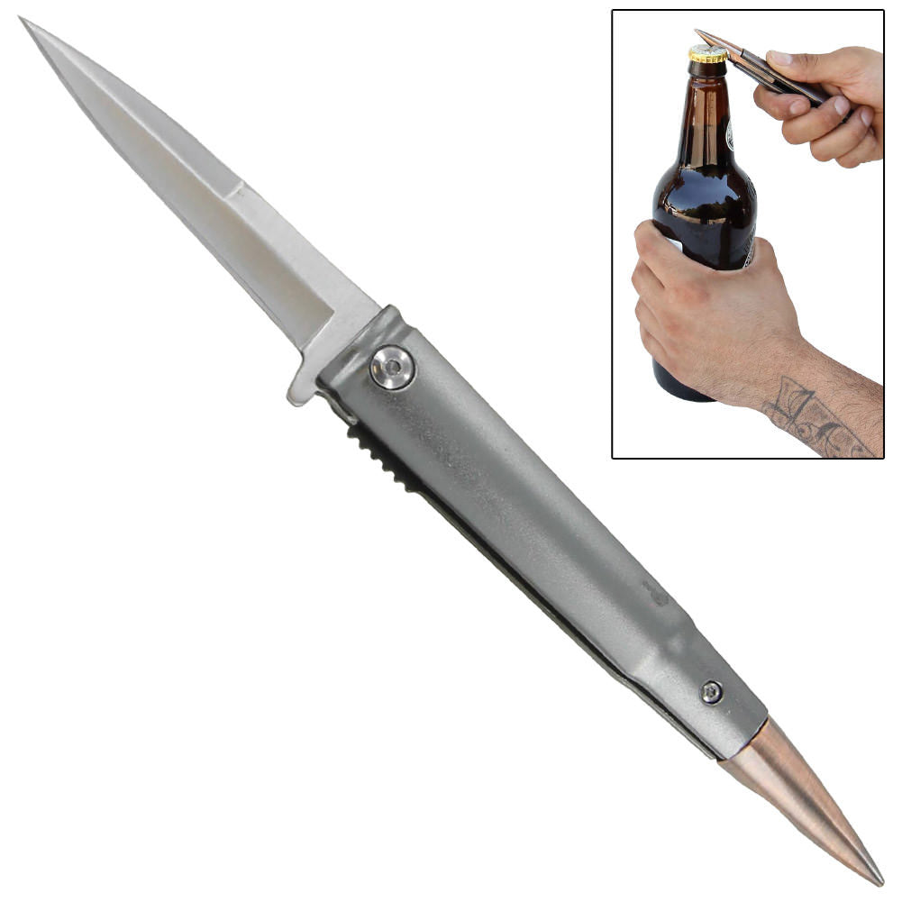 Rifle Bullet Spring Assisted Bottle Opener Folding Pocket Knife