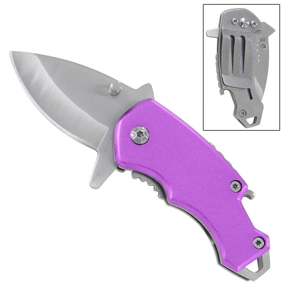 Spring Assisted Purple Essence Purse Money Clip Bottle Opener Pocket Knife