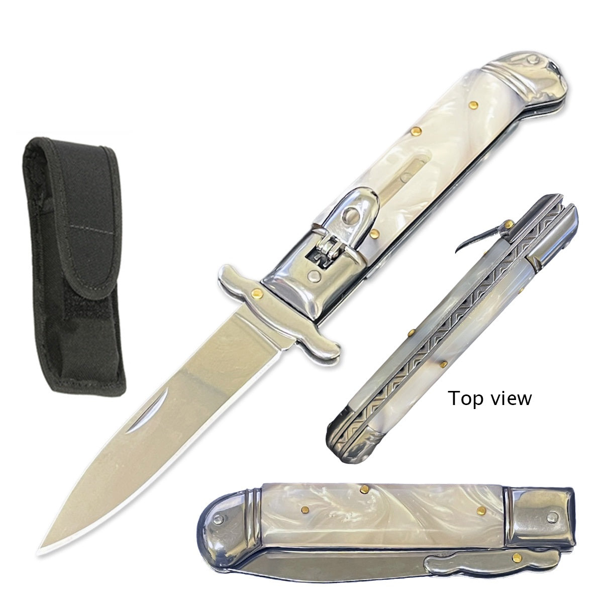 White Pearl Handle Automatic Lever Lock Stiletto Knife - TOPHATTER'S ARMORY DEALS