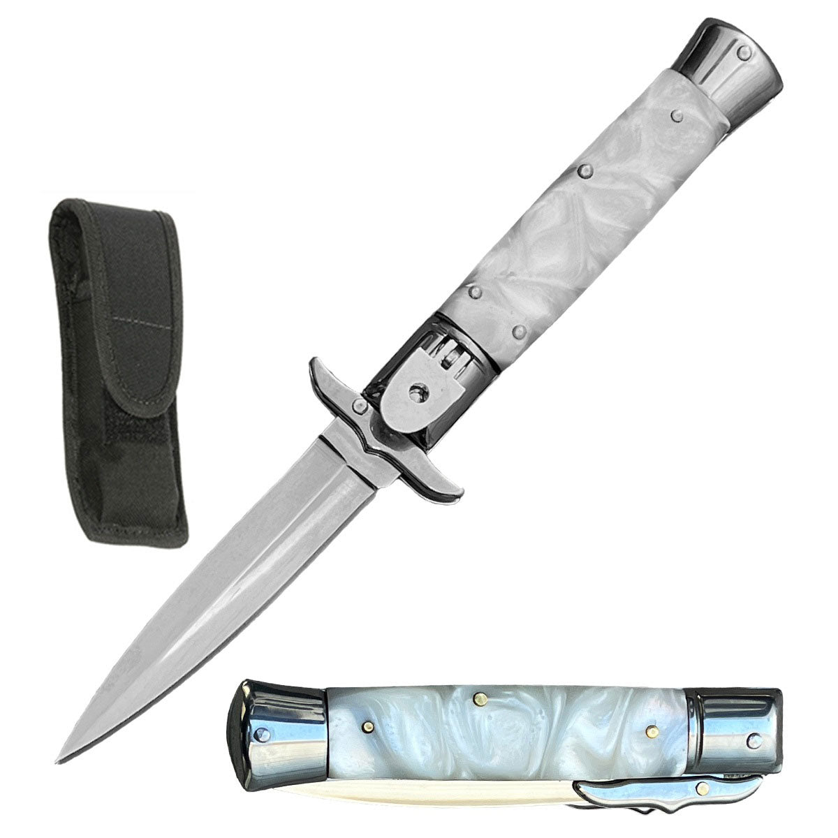 8.25" White Pearl Handle Automatic Lever Lock Stiletto Knife - TOPHATTER'S ARMORY DEALS