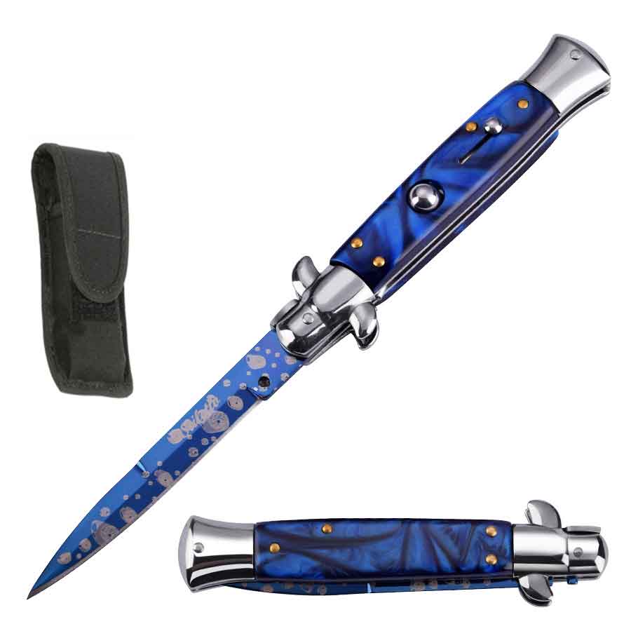 8.75" Italian Stiletto Automatic Knife Blue Pearl Handle - TOPHATTER'S ARMORY DEALS