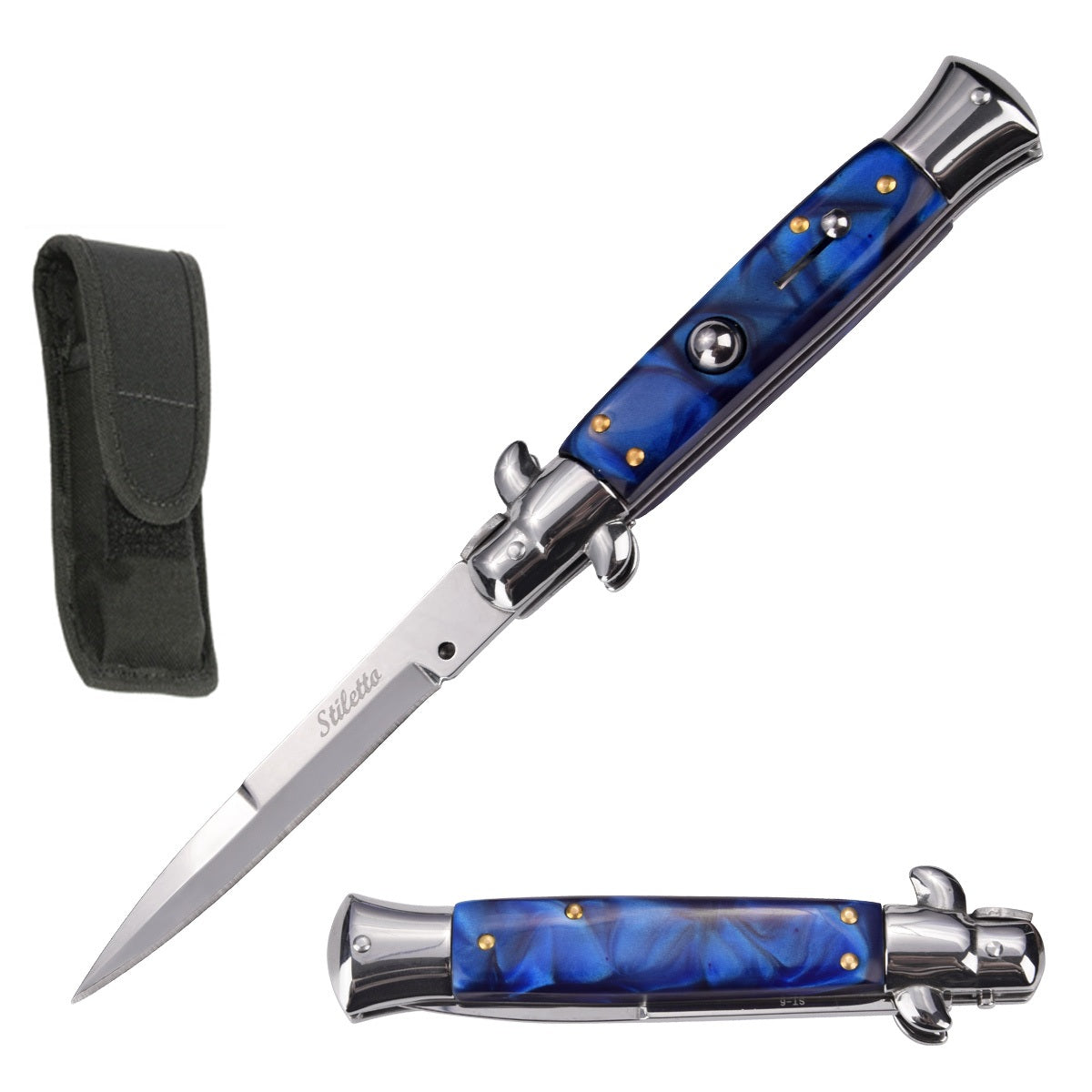 8.75" Italian Stiletto Automatic Knife Blue Marble Handle - TOPHATTER'S ARMORY DEALS