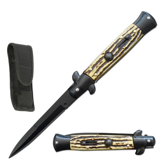 8.75" Black Italian Stiletto Automatic Switch Blade Knife Stag Handle