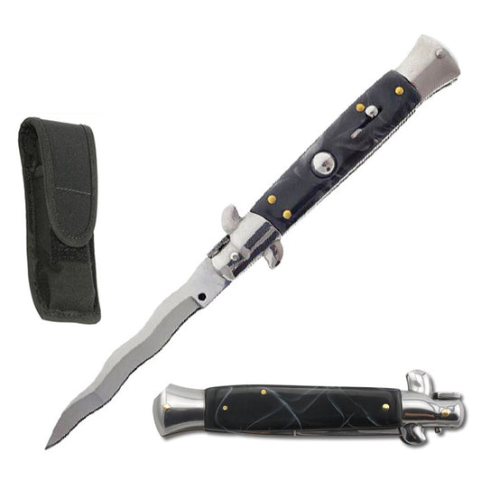 9" Black Marble Italian Stiletto Switch Kris Blade Pocket Knife