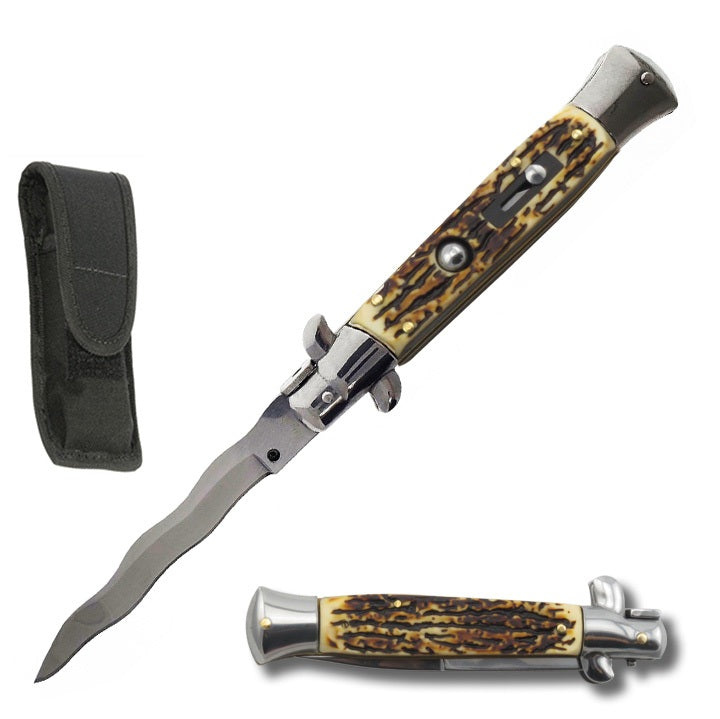 9" Stag Handle Italian Stiletto Switch Kris Blade Pocket Knife - TOPHATTER'S ARMORY DEALS
