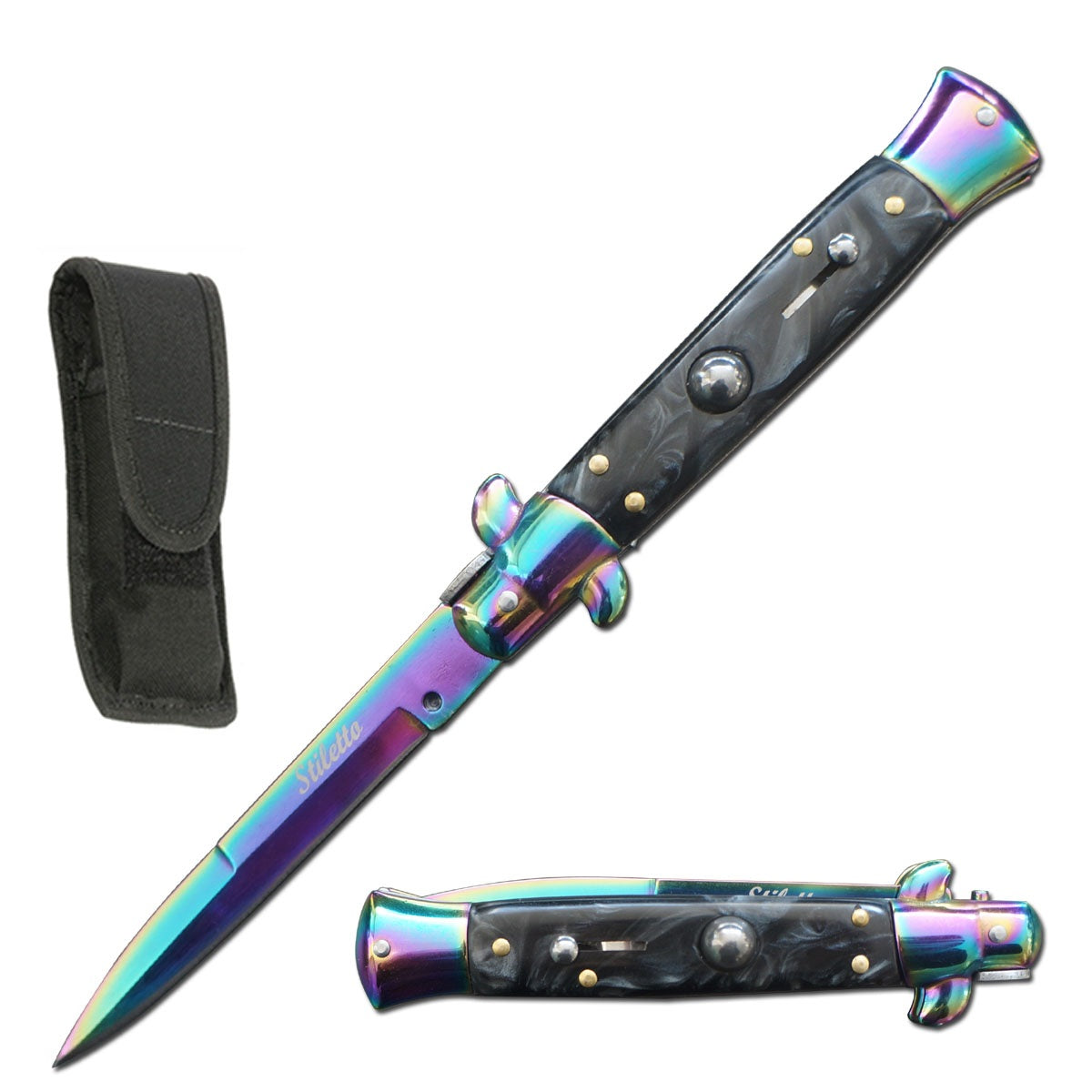 8.75" Titanium Italian Stiletto Automatic Knife Black Pearl Handle - TOPHATTER'S ARMORY DEALS
