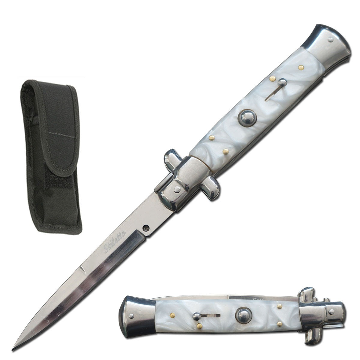 8.75" Italian Stiletto Automatic Knife White Marble Handle - TOPHATTER'S ARMORY DEALS