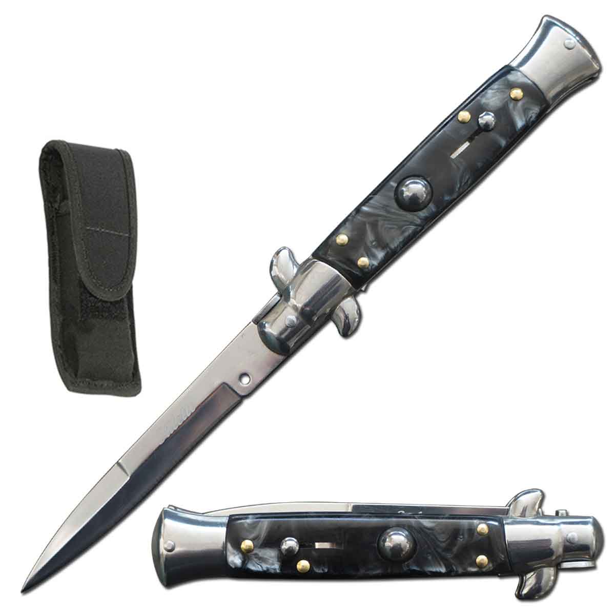 9.75" Italian Milano Stiletto Black Pearl Handle Automatic Knife - TOPHATTER'S ARMORY DEALS