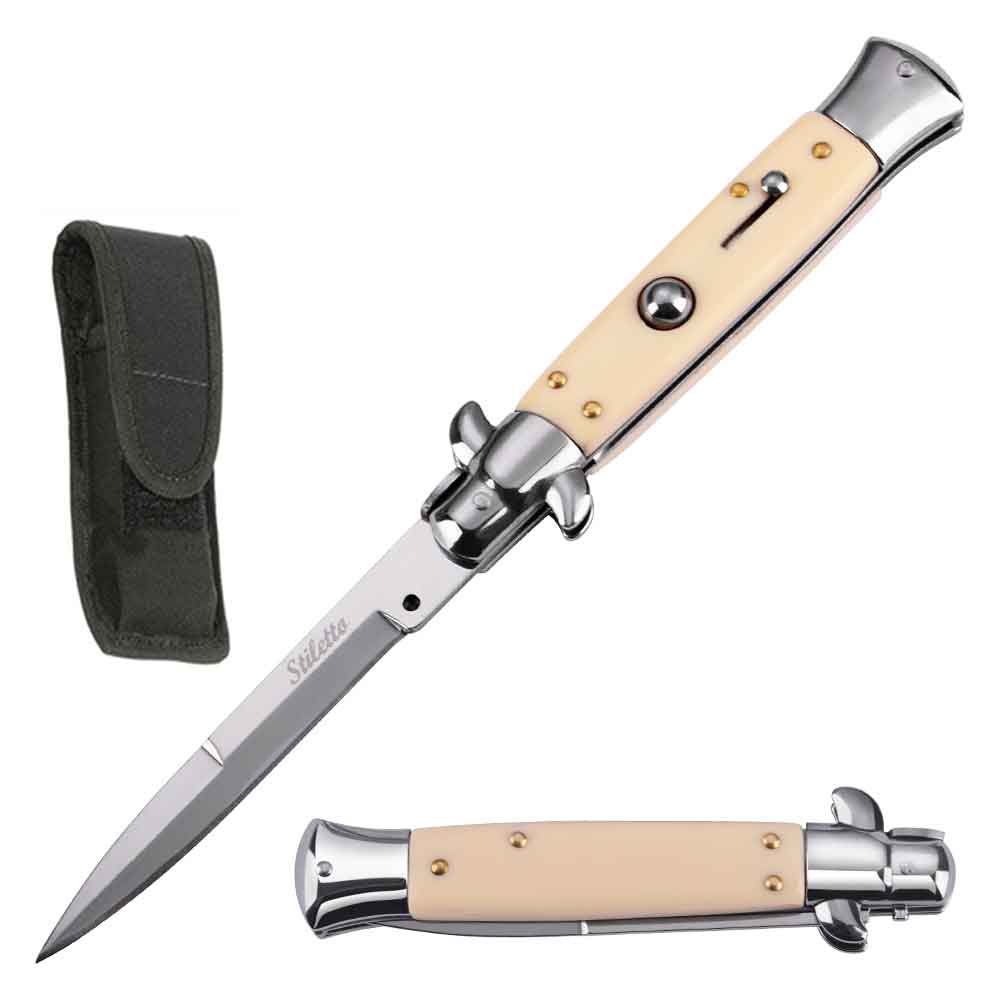9.75" Italian Milano Stiletto Ivory Handle Automatic Knife - TOPHATTER'S ARMORY DEALS