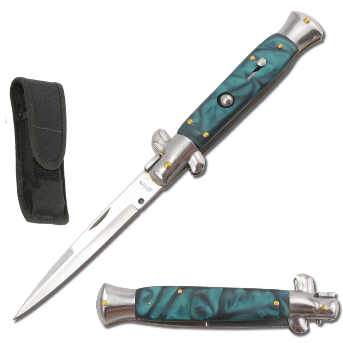 9.75" Italian Milano Stiletto Green Pearl Handle Automatic Knife - TOPHATTER'S ARMORY DEALS