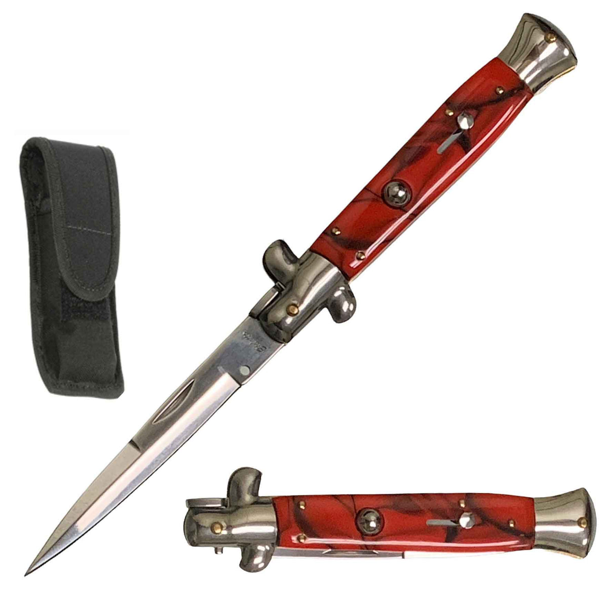 9.75" Italian Milano Stiletto Red Pearl Handle Automatic Knife - TOPHATTER'S ARMORY DEALS