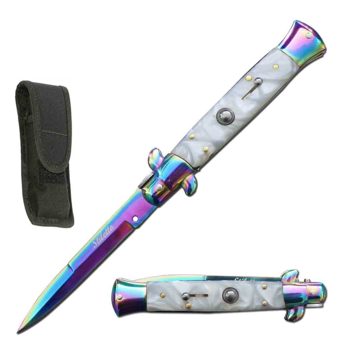9.75" Italian Milano Stiletto White Pearl Switchblade Knife - TOPHATTER'S ARMORY DEALS
