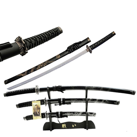 Black 3 Pcs Bushido Dragon Samurai Katana Sword Set with Stand