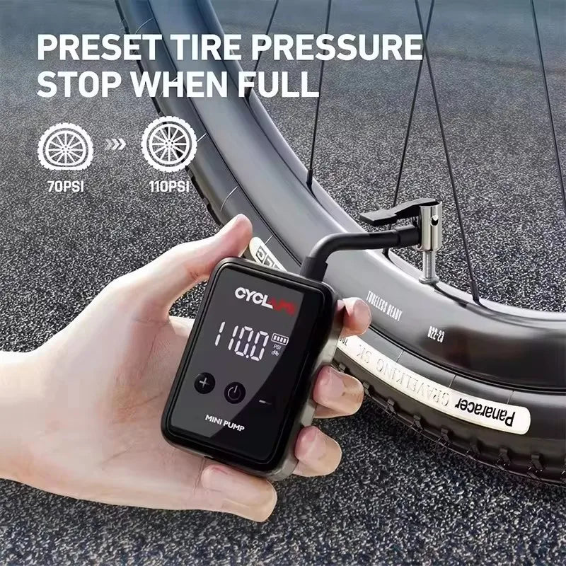 Mini Electric Bicycle Air Pump 150PSI High-Pressure Portable Inflator Black