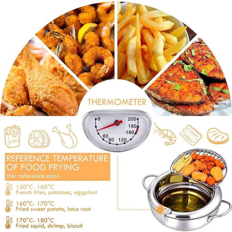 24cm Deep Frying Pot with Thermometer and Lid Silver