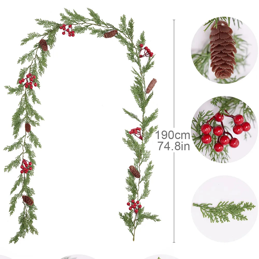 Handcrafted 2M Christmas Pine Vine Garland with Red Berries Rattan