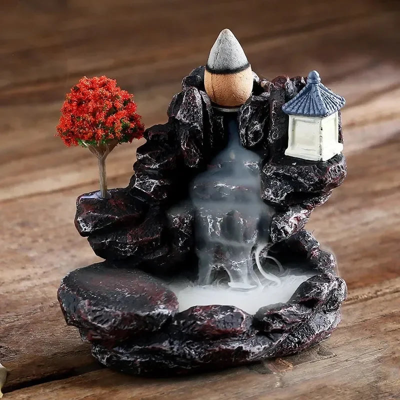 Red Resin Backflow Incense Holder Waterfall Set - Modern Aromatherapy Ornament with Incense Cones