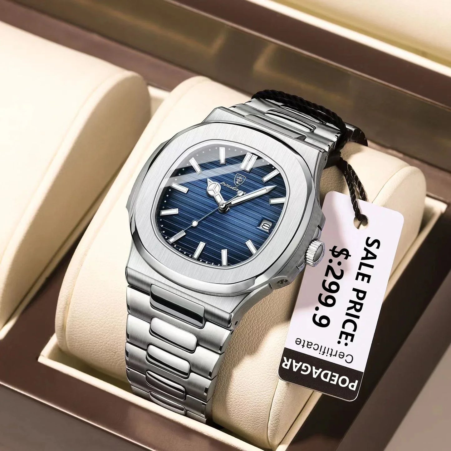 Watch for Men Stainless Steel Square Waterproof Quartz (Blue)