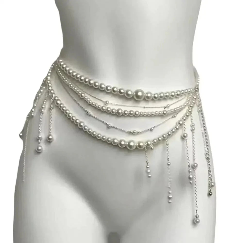 Retro Multilayer Pearl Waist Chain Belt Women (A)