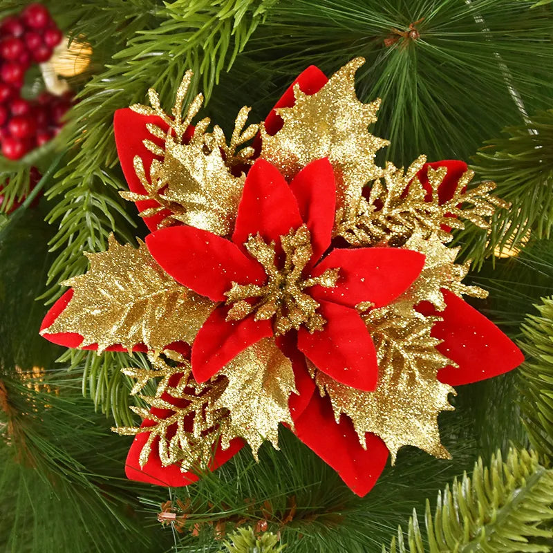 10Pcs 14cm Glitter Artificial Christmas Flowers - Red Gold Xmas Tree Ornaments