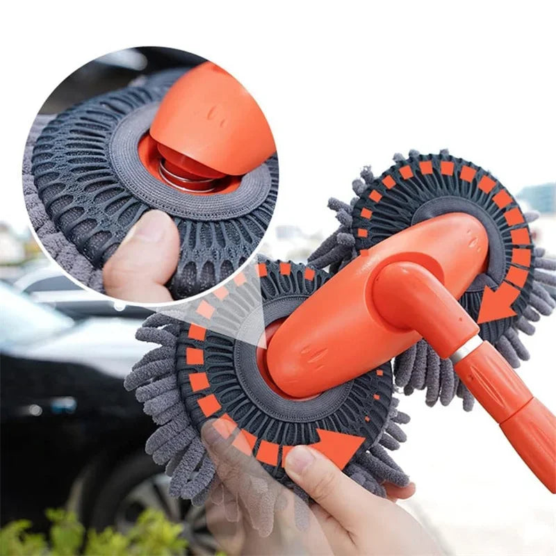 Rotating Car Wash Mop Brush–3-Section Telescopic Double Head Orange