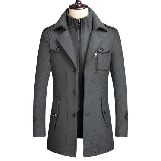 Men's Double Collar Wool Business Coat Winter (Gray)
