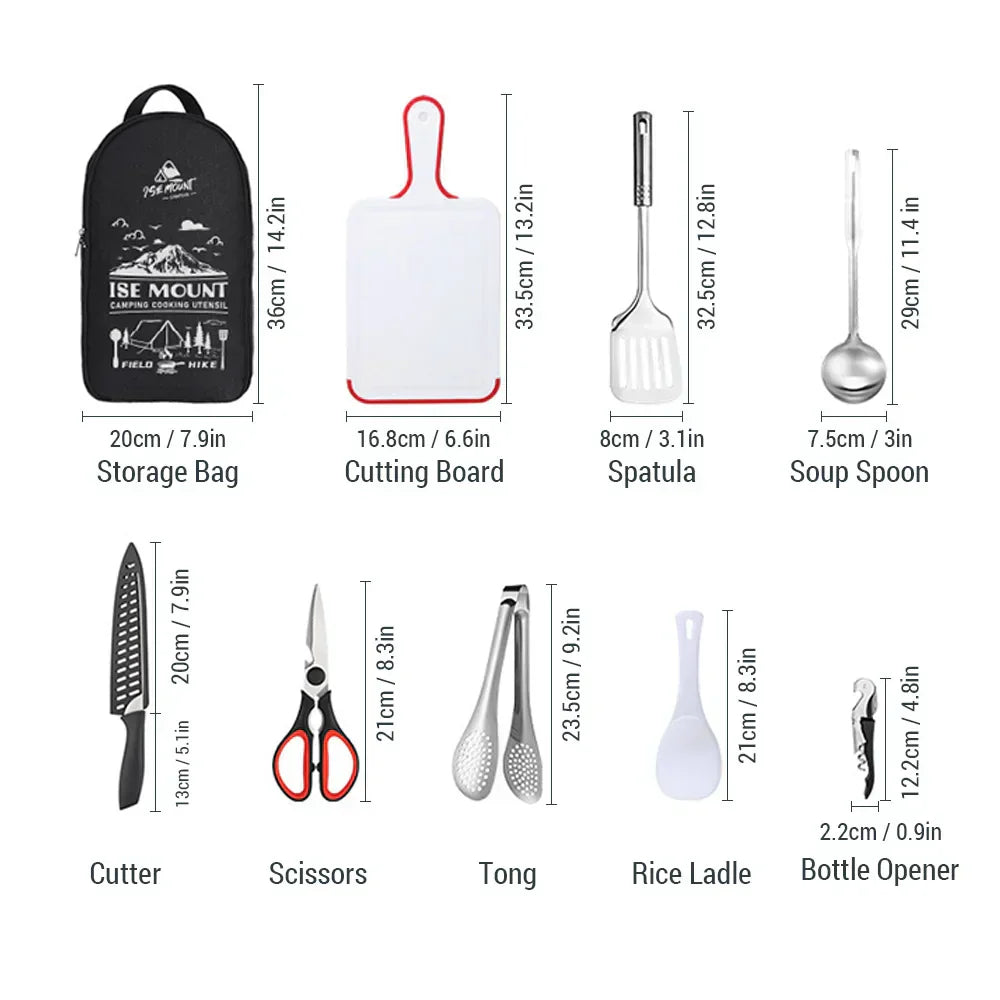 Portable Stainless Steel Camping Utensils Set - 9 Piece Cookware Kit in Black