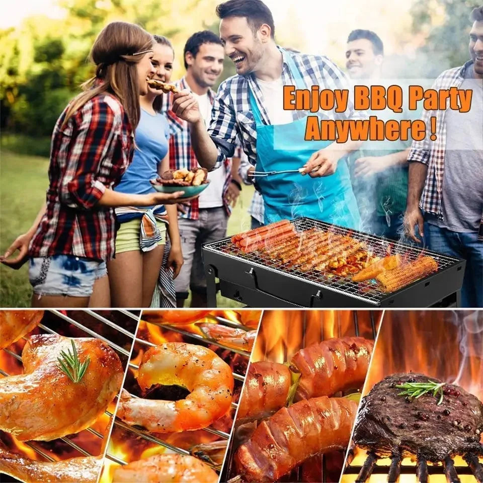 Portable Charcoal BBQ Grill Stainless Steel Mini Outdoor Cooking Kit (Black)