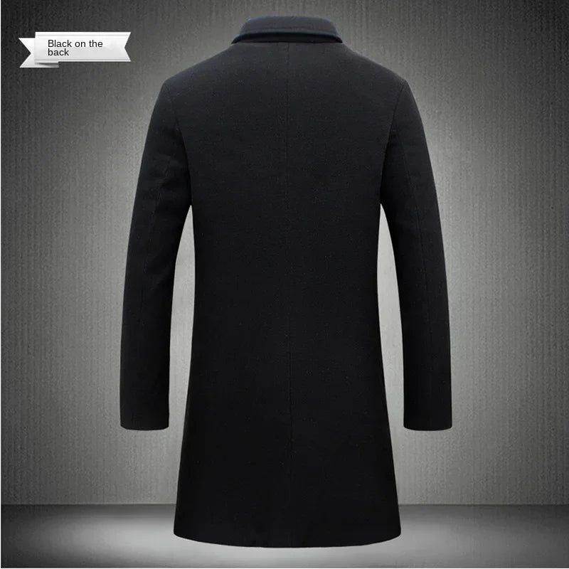 Men's Cotton Wool Blend Long Windbreaker Coat (Black)