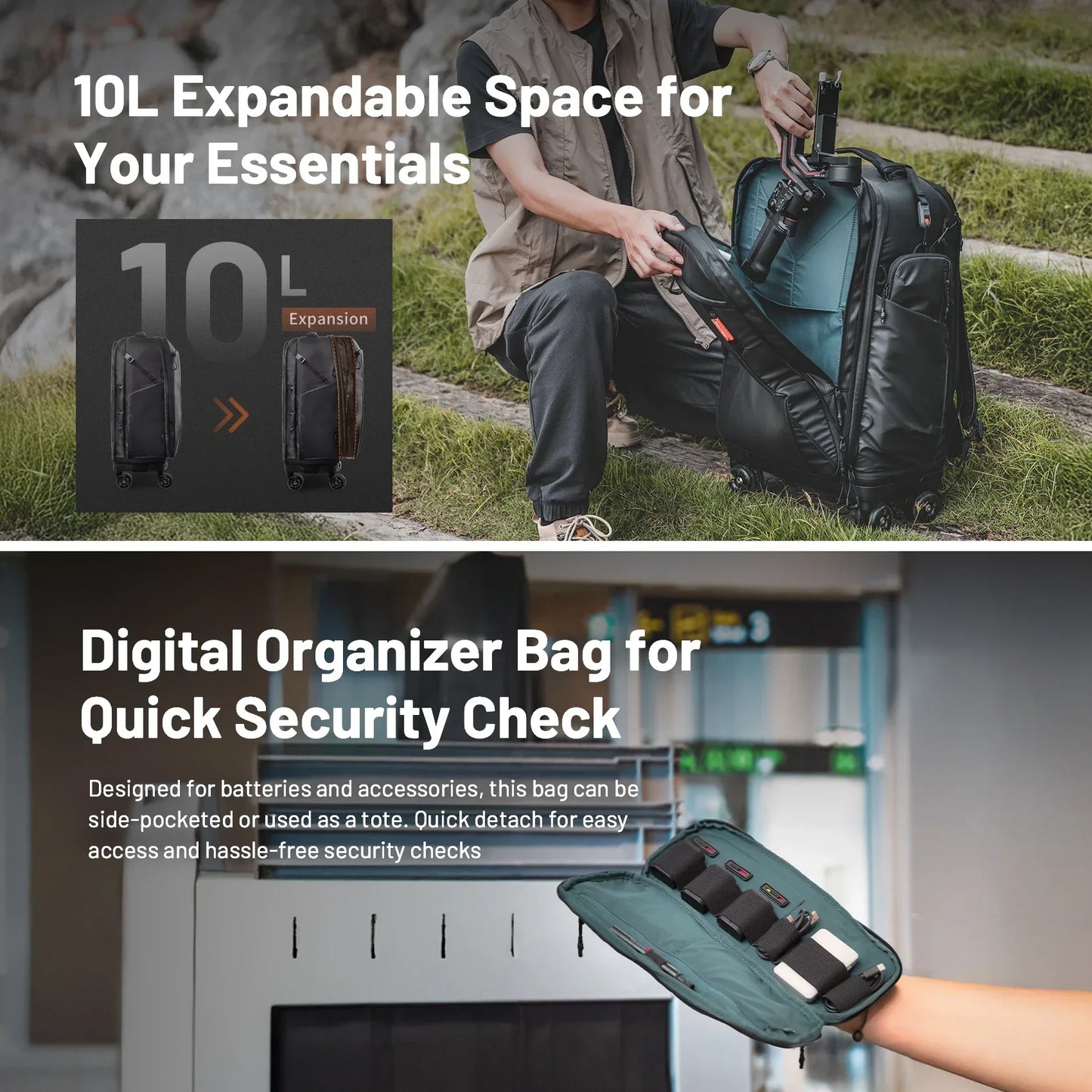 2-in-1 Outdoor Trolley Case Backpack Expandable Black