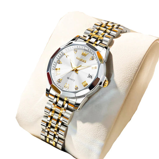Womens Stainless Steel Quartz Watch Waterproof (Gold White)