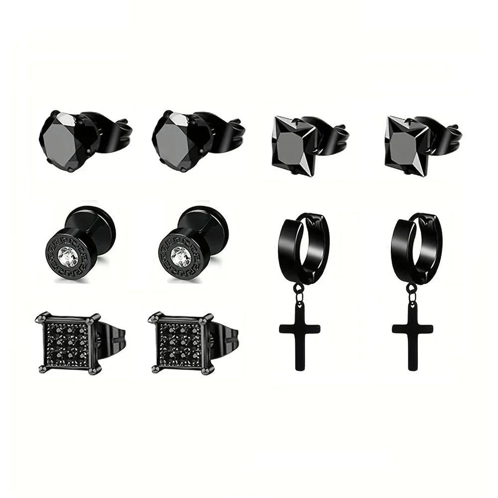 Earrings Stainless Steel 5 Pairs Set for Men (Black)