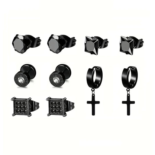 Earrings Stainless Steel 5 Pairs Set for Men (Black)