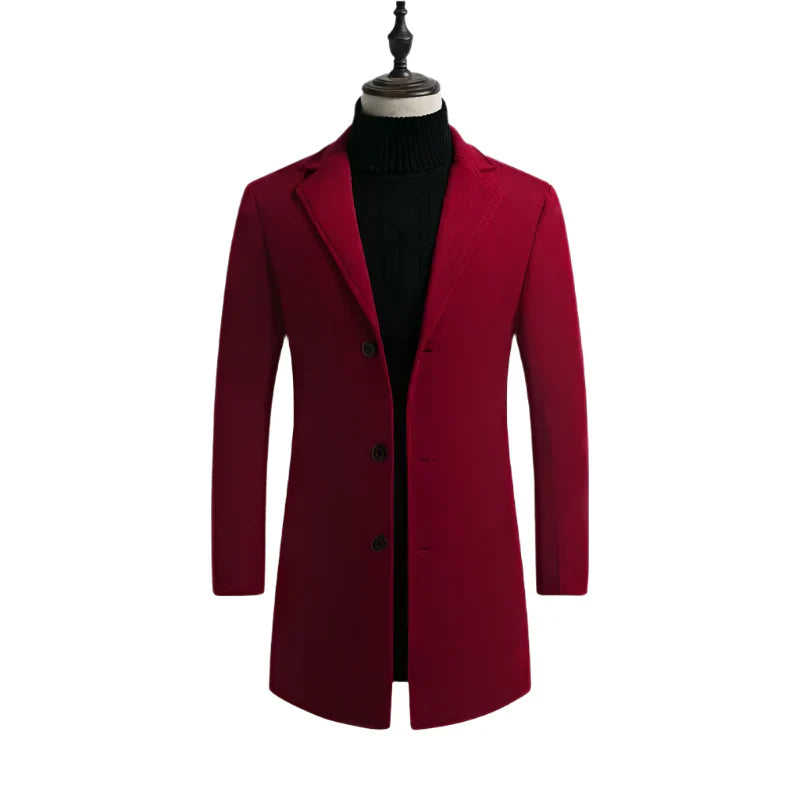 Men's Cotton Wool Blend Long Windbreaker Coat (Black Red)