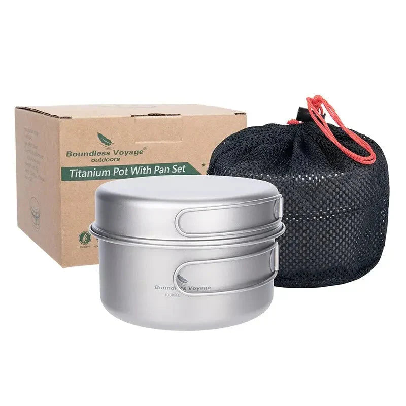 Titanium Camping Cookware Set Pan with Folding Handles Silver