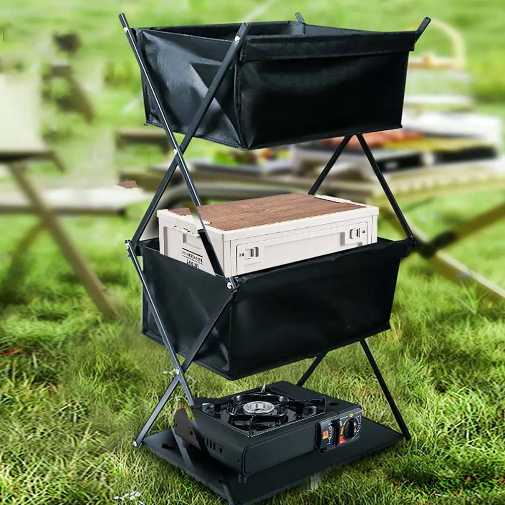 3-Tier Folding Camping Storage Rack Organizer Black