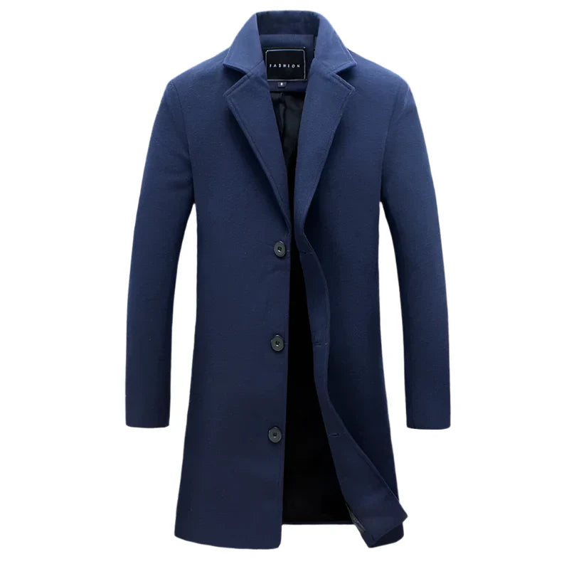 Men's Cotton Wool Blend Long Windbreaker Coat (Black Navy)