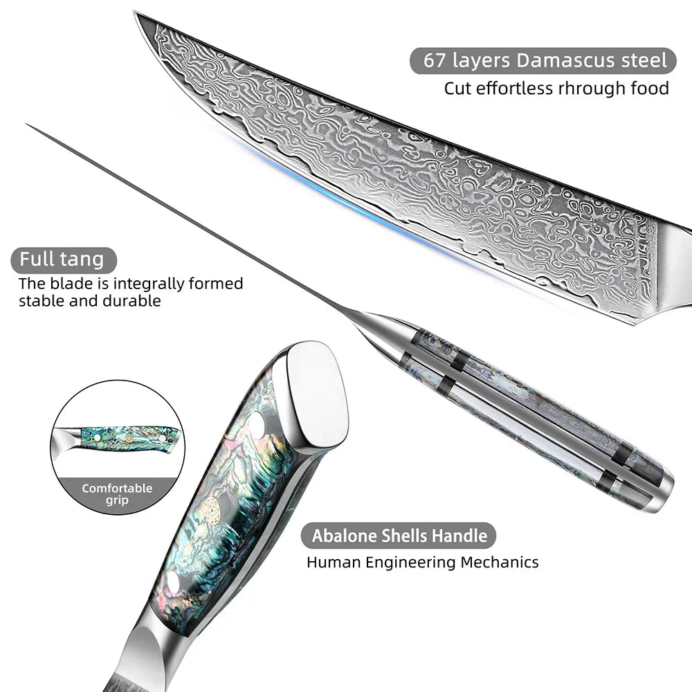 6-Inch Damascus Utility Knife Abalone Shell Handle Blue