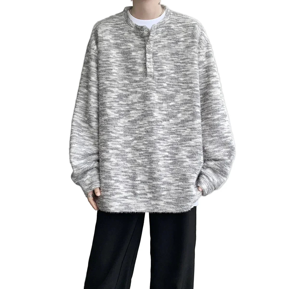 Korean Style Striped Henley Knit Sweater